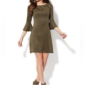 New York & Company Olive Green Bell Sleeve Mini Dress
